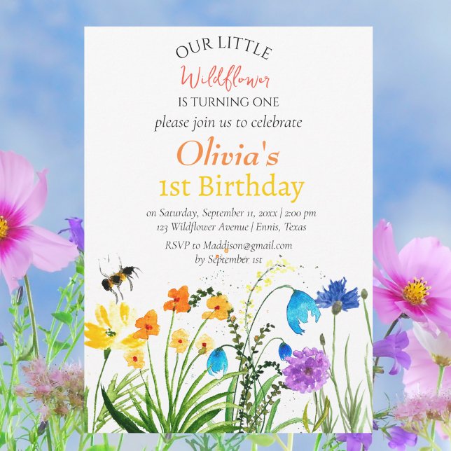 Invitación Flor silvestre primer cumpleaños Floral azul rojo (Subido por el creador)