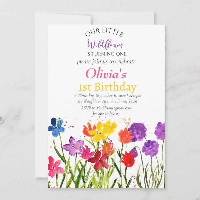 Invitación Flor silvestre primer cumpleaños Floral azul rojo (Anverso)