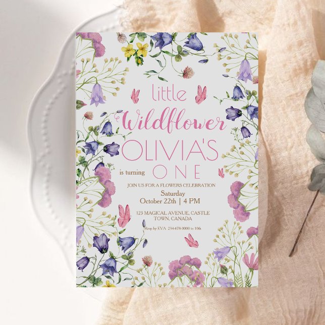 Invitación Flor silvestre primer guión de cumpleaños rosado (Subido por el creador)