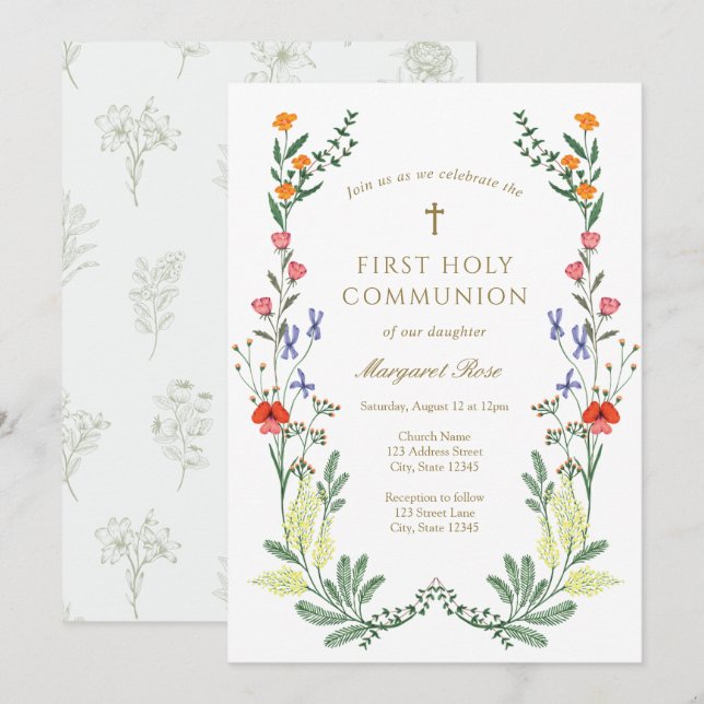 Invitación Flor silvestre primera comunión sagrada (Anverso / Reverso)