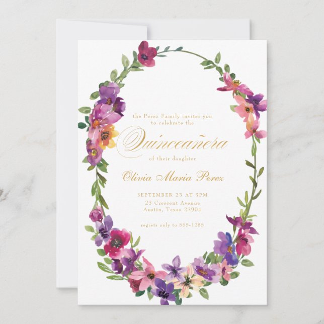Invitación Flor silvestre Quinceañera Flor Púrpura Rosa (Anverso)