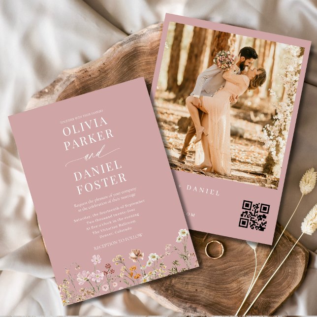 Invitación Flor silvestre rosa Código QR Foto Boho Boda (Subido por el creador)