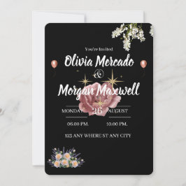 Invitación Flor silvestre rosa de color agua boda negro flora