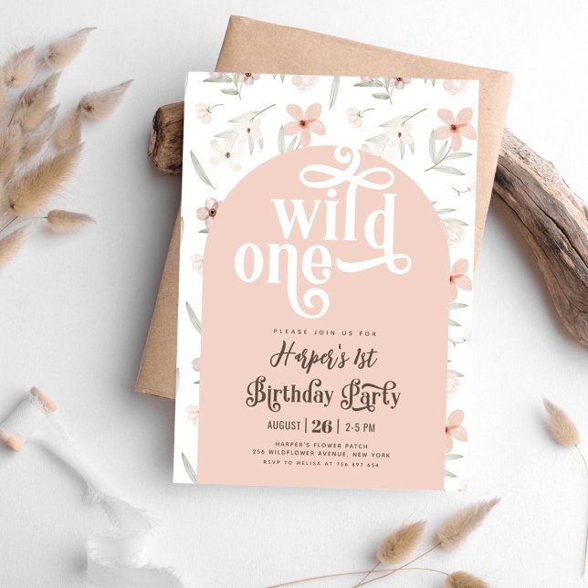Invitación flor silvestre rosa pastel primer cumpleaños (Subido por el creador)