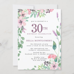 Invitación Flor silvestre rosa rosada 30 cumpleaños