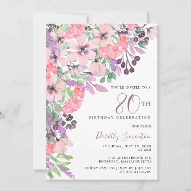 Invitación Flor silvestre rosa rosada 80 cumpleaños (Anverso)