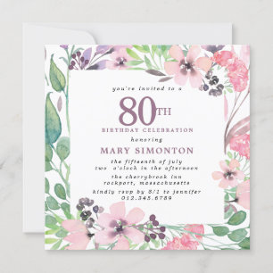Invitación Flor silvestre rosa rosada 80 cumpleaños