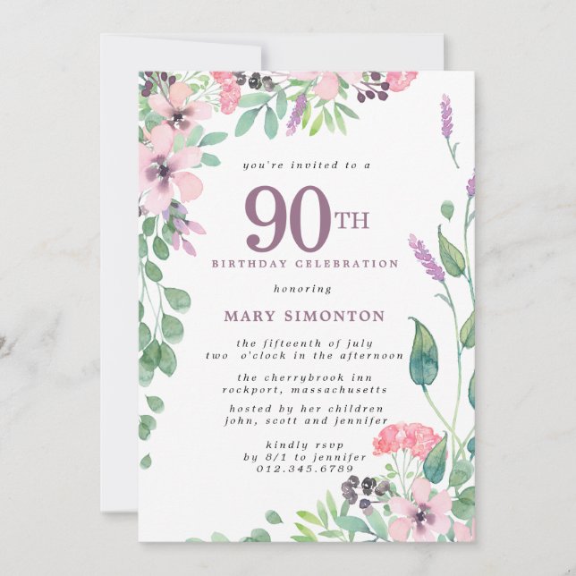 Invitación Flor silvestre rosa rosada 90 cumpleaños (Anverso)