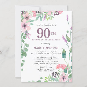 Invitación Flor silvestre rosa rosada 90 cumpleaños