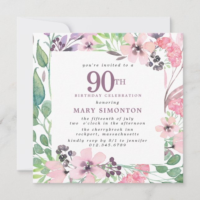 Invitación Flor silvestre rosa rosada 90 cumpleaños (Anverso)