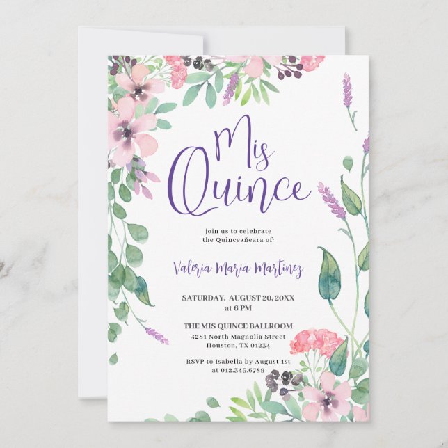 Invitación Flor silvestre rosa rosada Quinceanera (Anverso)