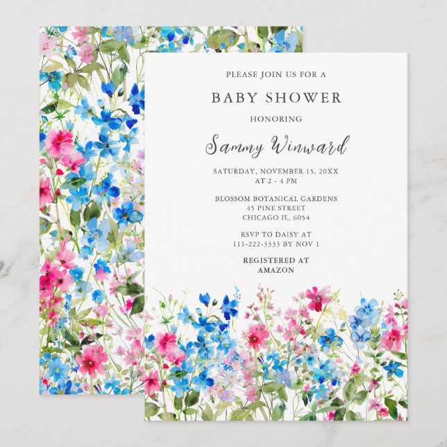 Invitación Flor silvestre rosa y floral azul Baby Shower (Anverso / Reverso)