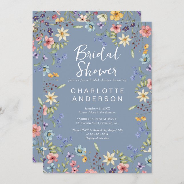 Invitación Flor silvestre rústica Ducha azul de novia (Anverso / Reverso)