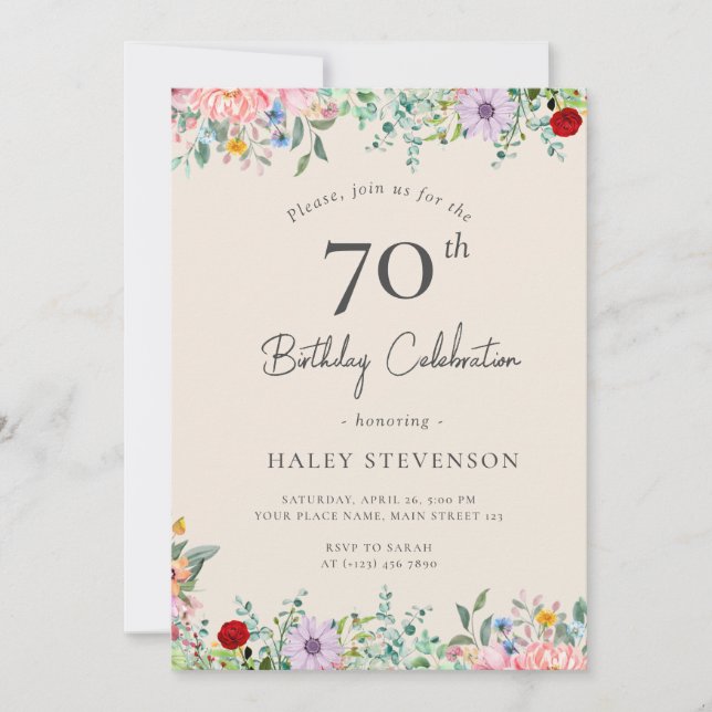 Invitación Flor silvestre rústico boho 70 cumpleaños simple b (Anverso)
