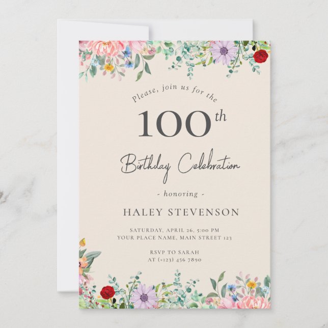 Invitación Flor silvestre rústico boho cumpleaños 100 simple  (Anverso)