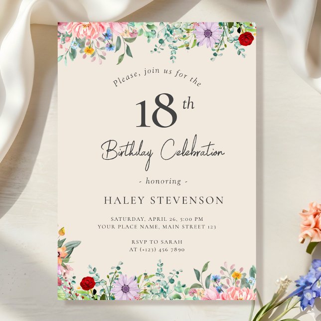 Invitación Flor silvestre rústico boho cumpleaños 18 simple b (Subido por el creador)