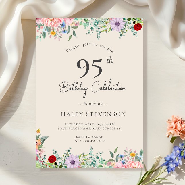 Invitación Flor silvestre rústico boho cumpleaños 95 simple b (Subido por el creador)