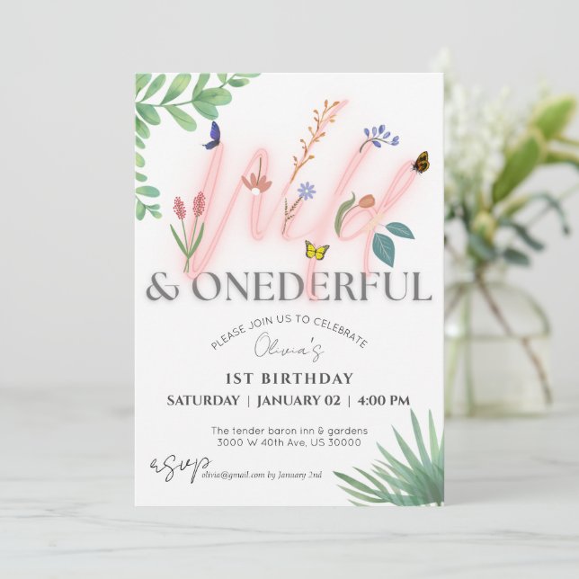 Invitación flor silvestre salvaje y Maravilloso primer cumple (Anverso de pie)
