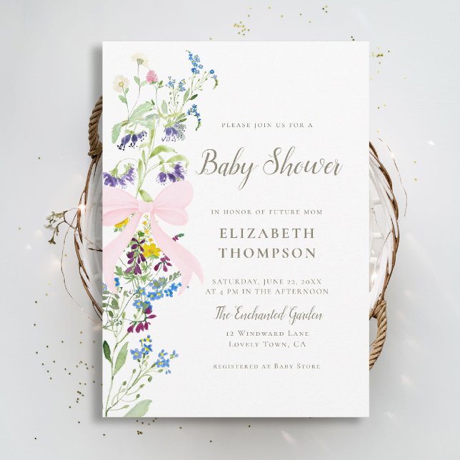 Invitación Flor silvestre suave florece rosa Chica Baby Showe (wildflowers baby shower invitation pink bow elegant garden party colorful happy watercolor boho)