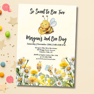 Invitación Flor silvestre tan dulce abeja dos cumpleaños