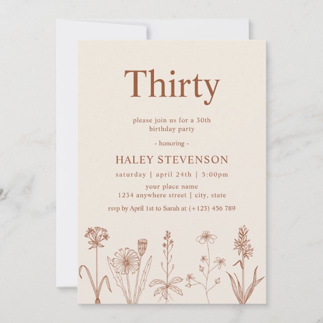 Invitación Flor silvestre Treinta Beige Terracotta 30 cumplea (Anverso)