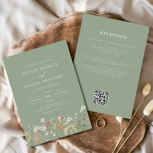 Invitación Flor silvestre verde todo en un Boda de código QR