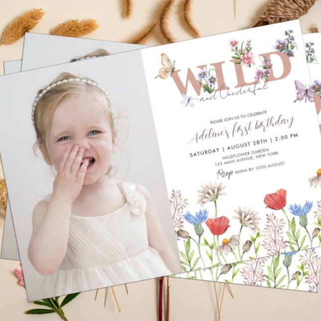 Invitación Flor silvestre y maravillosa foto de primer cumple (Wild One Girl Wildflower Boho Invitation)