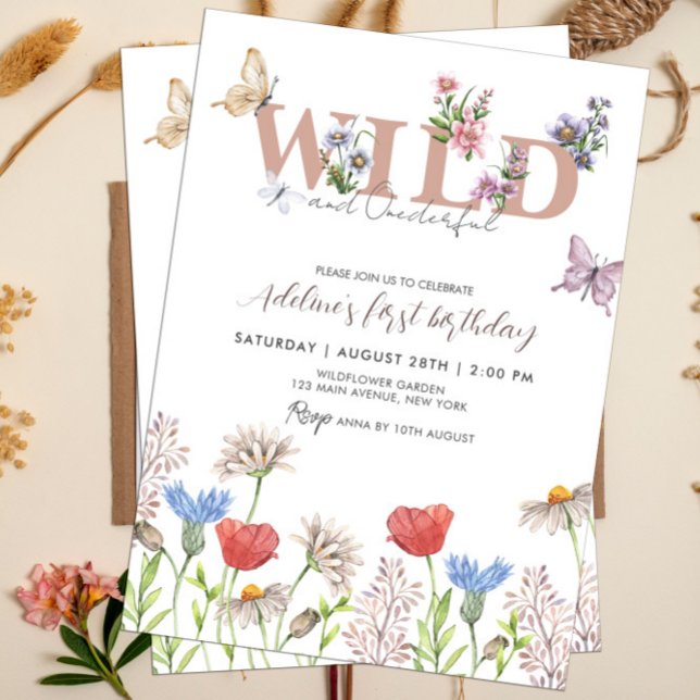 Invitación Flor silvestre y maravillosa primera fiesta de cum (Wildflowers Wild and Onederful Birthday Girl Invitation Template)