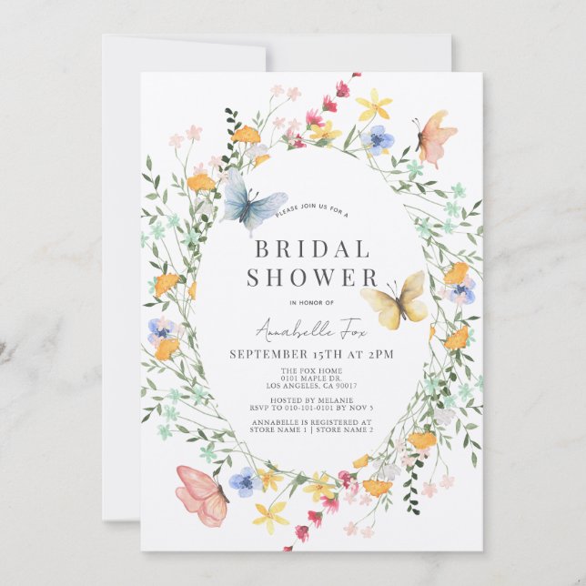 Invitación Flor silvestre y mariposa Wreath Bridal Shower (Anverso)