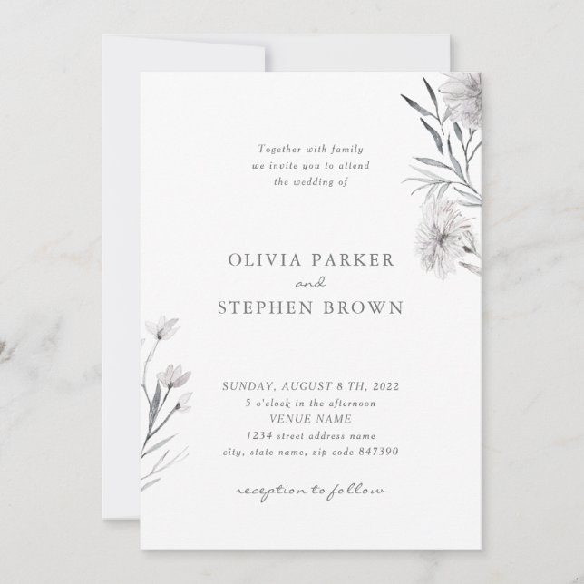Invitación Flor simple. Boda Gray White Beautiful (Anverso)