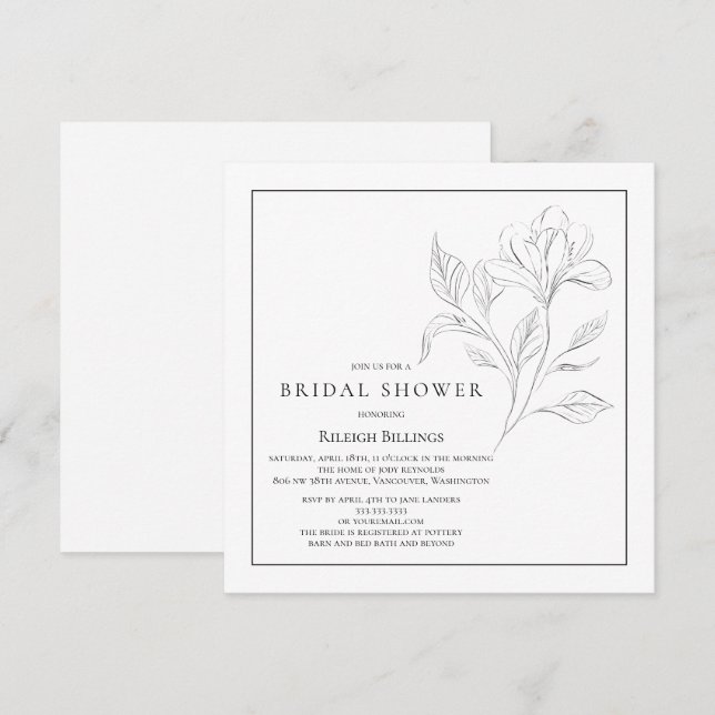 Invitación Flor simple de ducha de novia en blanco y negro (Anverso / Reverso)
