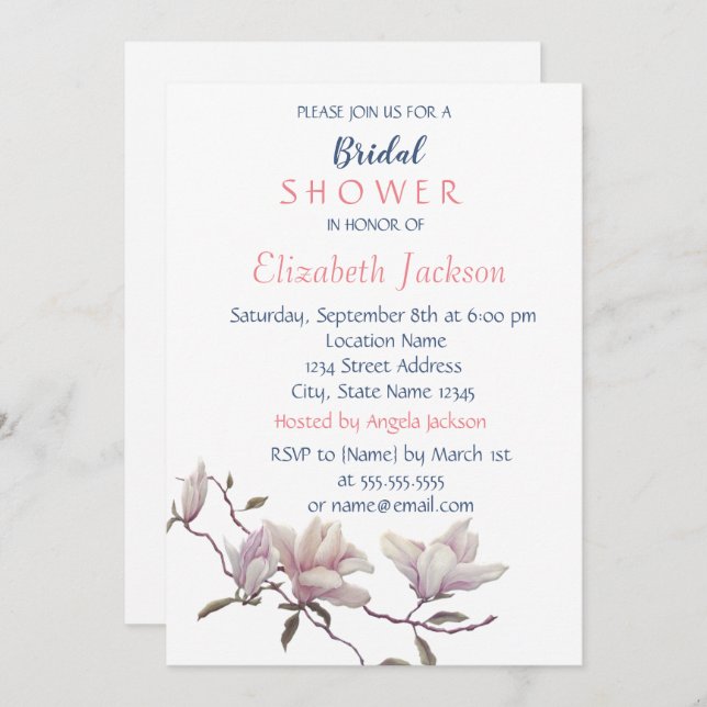 Invitación Flor simple, ducha de novia Magnolia (Anverso / Reverso)