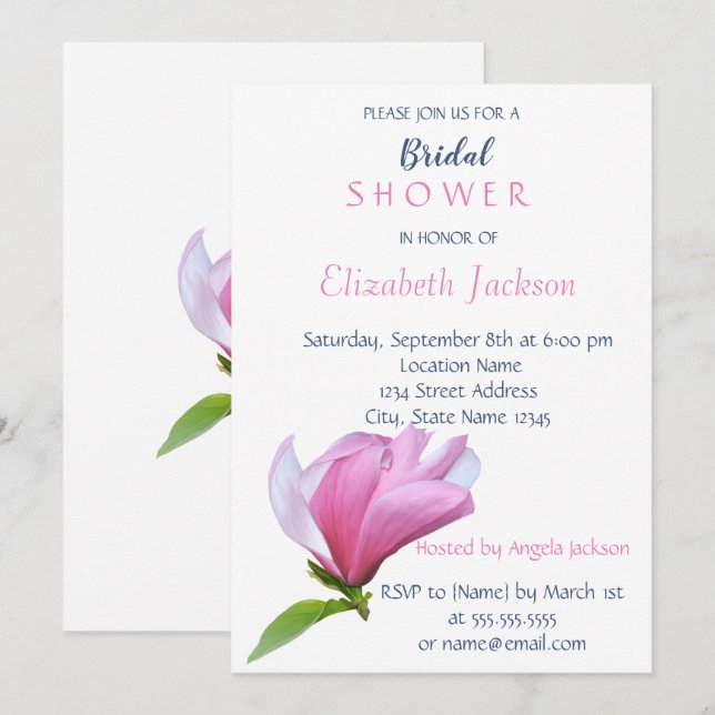 Invitación Flor simple elegante, ducha de novia Magnolia (Anverso / Reverso)