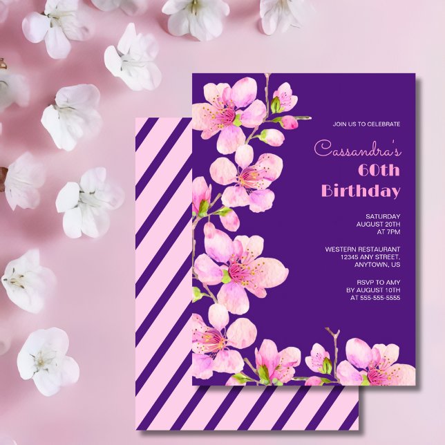 Invitación Flor suave de cerezo rosa Sakura Purple Cumpleaños (Subido por el creador)