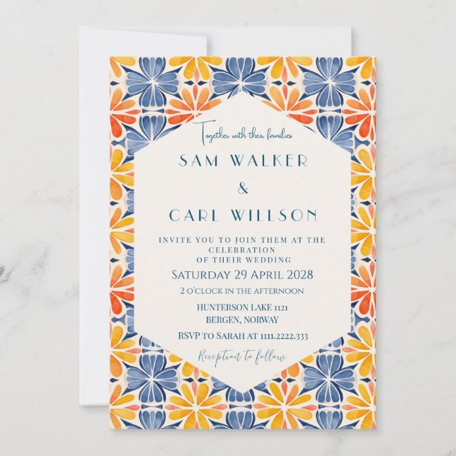Invitación Flor Tile Bodas Naranja Azul Amarillo (Anverso)