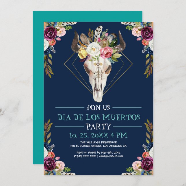 Invitación Flor tribal de cráneo de azúcar de toro Dia De Los (Anverso / Reverso)