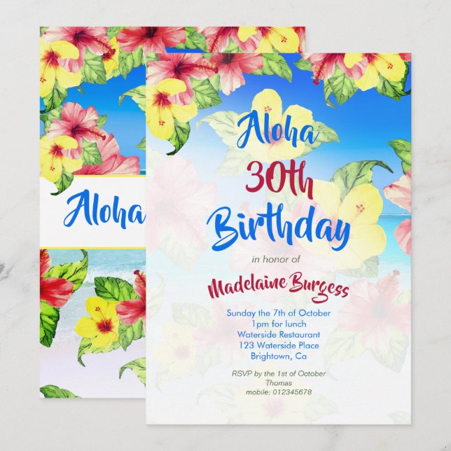 Invitación Flor tropical 30 cumpleaños playa Aloha (Anverso / Reverso)