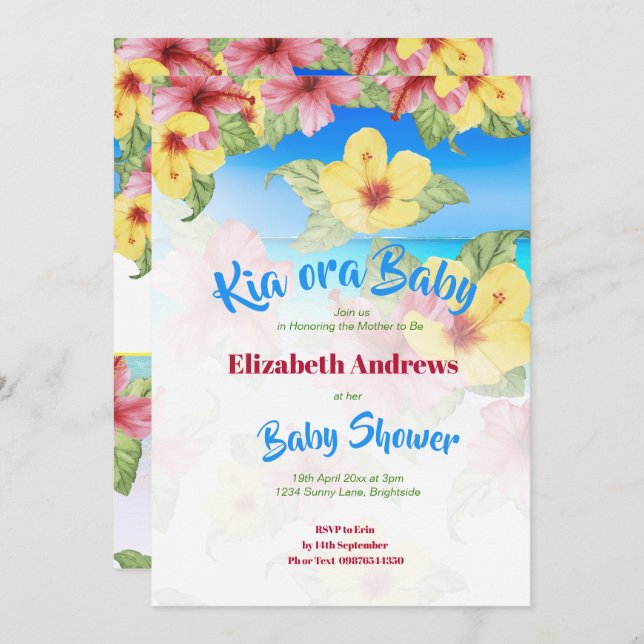 Invitación Flor tropical Baby Shower Beach Kia Ora (Anverso / Reverso)