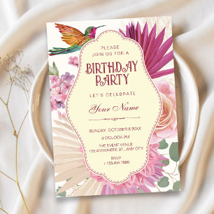 Invitación Flor tropical boho rosa cumpleaños florecer