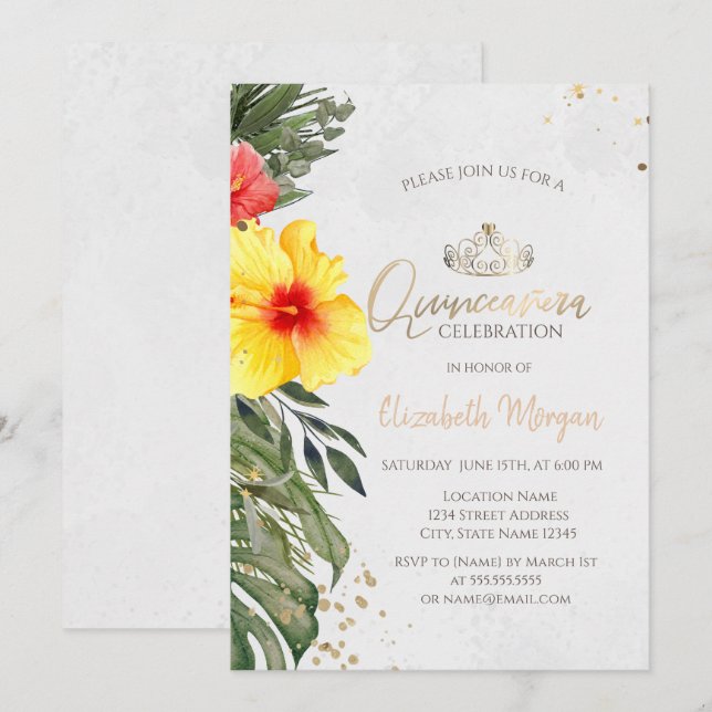 Invitación Flor tropical Hibiscus Summer Quinceañera (Anverso / Reverso)