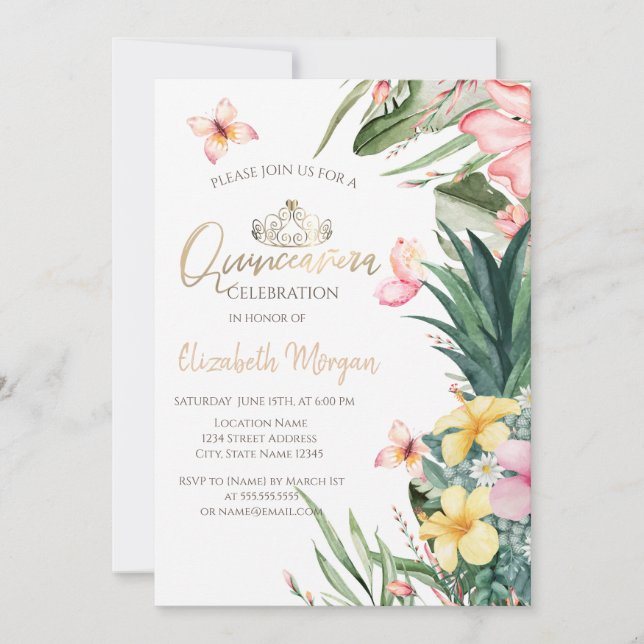 Invitación Flor Tropical Piña Mariposas Quinceañera (Anverso)