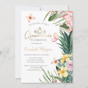 Invitación Flor Tropical Piña Mariposas Quinceañera