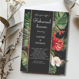 Invitación Flor tropical y hojas cena de ensayo oscuro