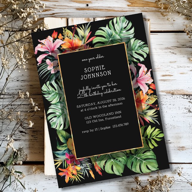 Invitación Flor tropical y hojas cumpleaños oscuro (Subido por el creador)