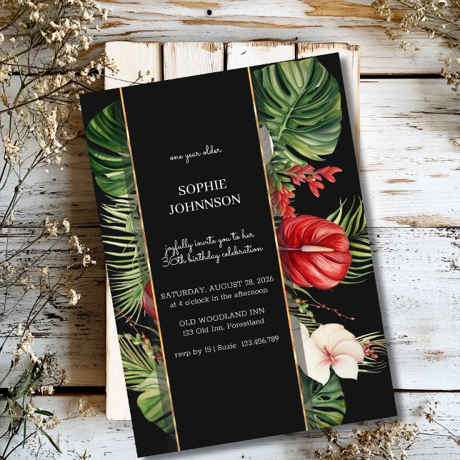 Invitación Flor tropical y hojas cumpleaños oscuro (Subido por el creador)