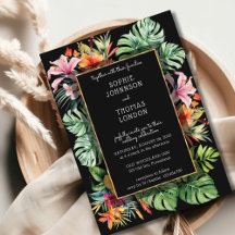 Flor tropical y hojas de boda con acuarela oscura
