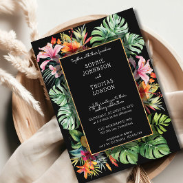 Invitación Flor tropical y hojas de boda con acuarela oscura