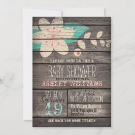 Invitación Flor turquesa y rosa, Baby Shower de madera rústic