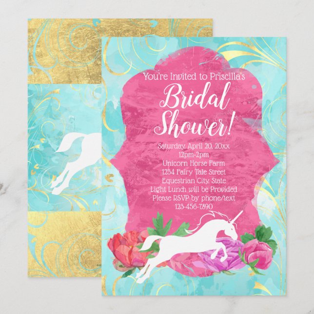 Invitación Flor Unicornio Fantasía Ducha Ecuestre de Novias (Anverso / Reverso)