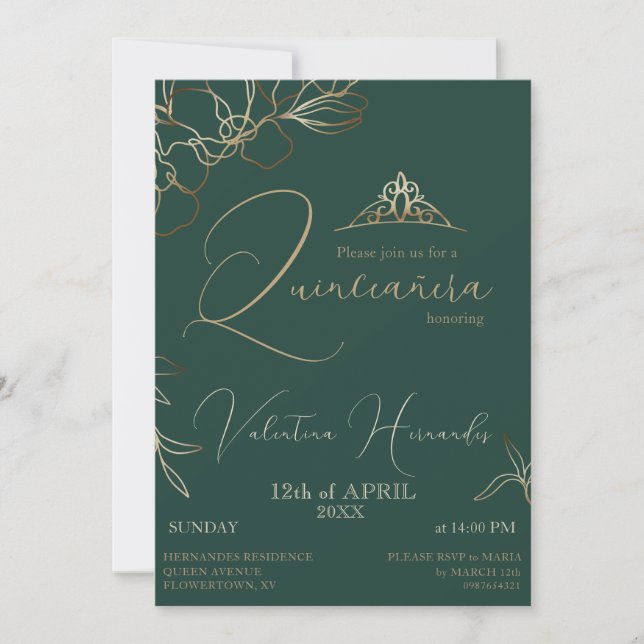 Invitación Flor verde esmeralda de Quinceañera (Anverso)